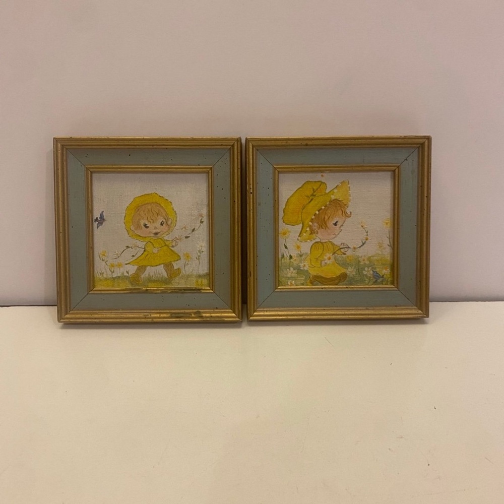 2 Vintage picture frames of a girl in yellow